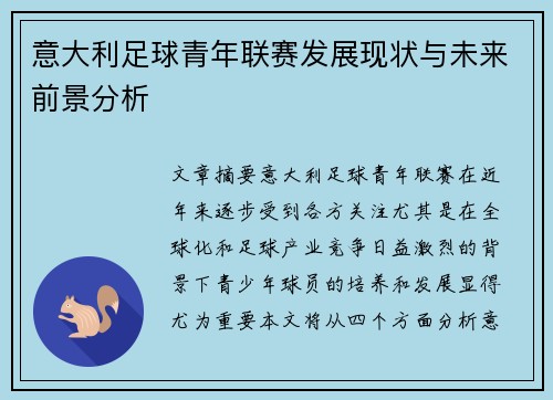 意大利足球青年联赛发展现状与未来前景分析
