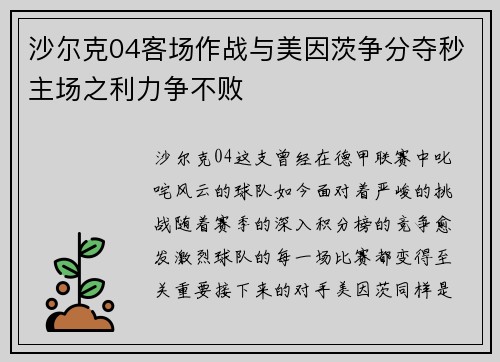 沙尔克04客场作战与美因茨争分夺秒主场之利力争不败