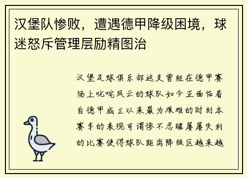 汉堡队惨败，遭遇德甲降级困境，球迷怒斥管理层励精图治