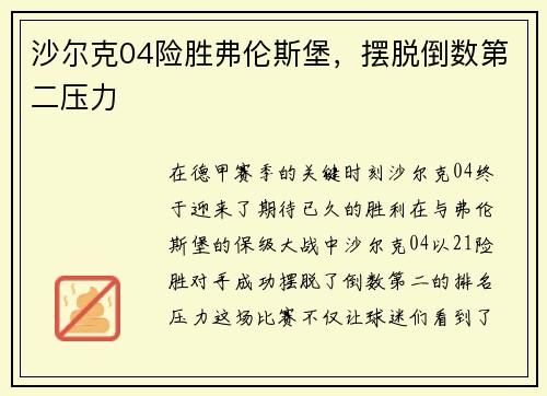 沙尔克04险胜弗伦斯堡，摆脱倒数第二压力
